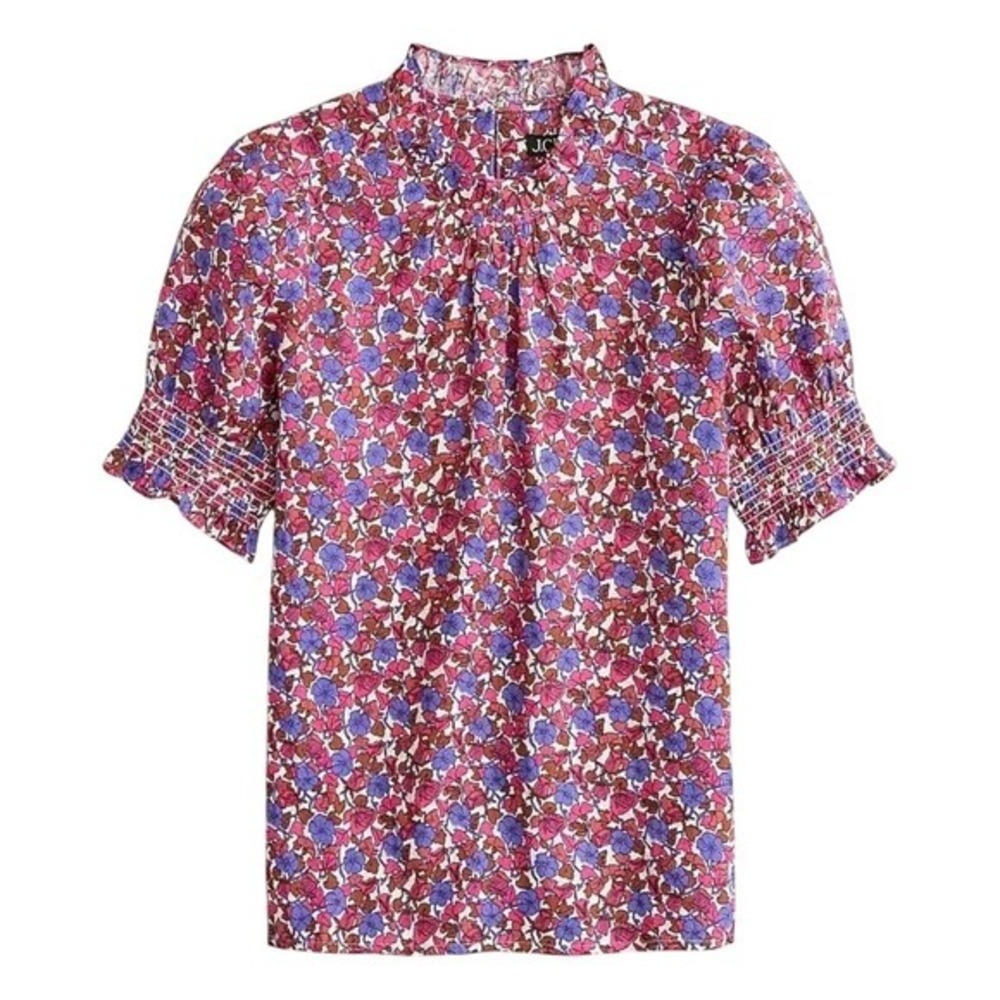 J.Crew Smocked Linen Puff Sleeve Top Berry Floral XS 100% Linen Cottagecore